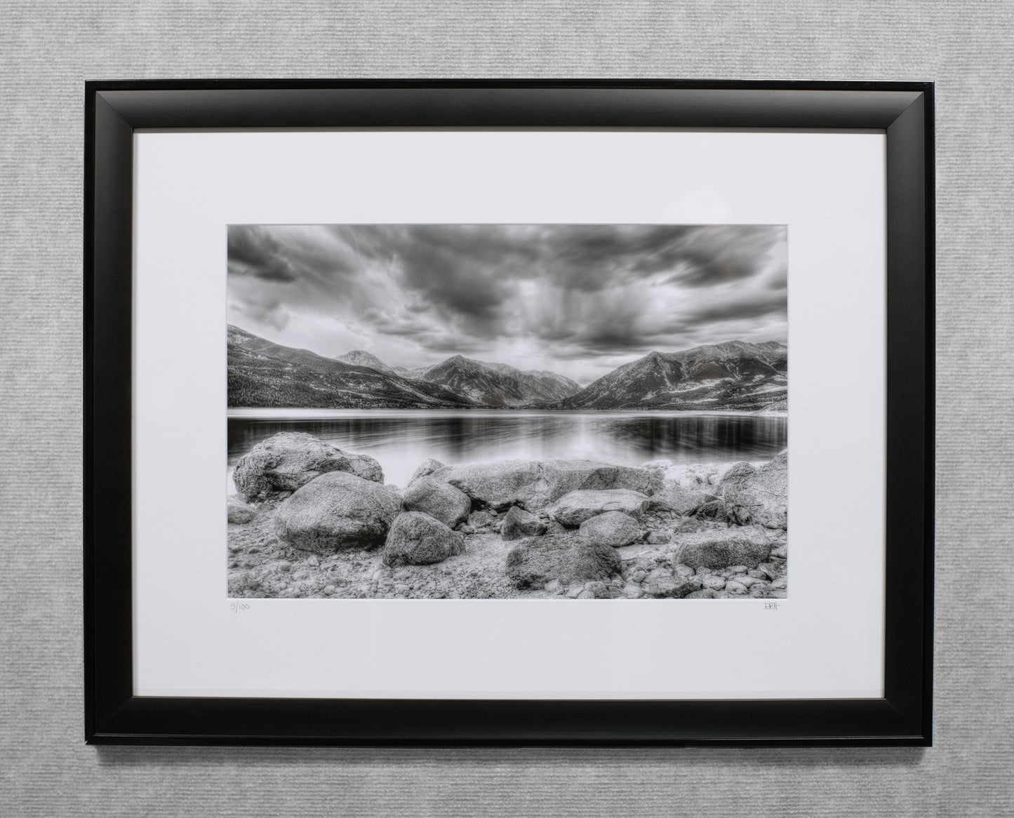Twin Lakes Storm Black and White - 12x18 matted Lustre print in a custom built 18x24 black wood frame.
