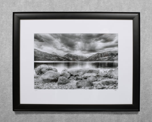 Twin Lakes Storm Black and White - 12x18 matted Lustre print in a custom built 18x24 black wood frame.